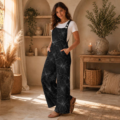 Spider Web Wide Leg Jumpsuit, Gothic Halloween Overalls with Pockets