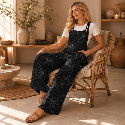 Spider Web Wide Leg Jumpsuit, Gothic Halloween Overalls with Pockets