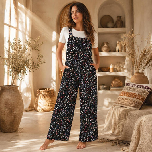 Black Ditsy Floral Jumpsuit, Cottagecore Wide Leg Overalls, Boho Garden Outfit