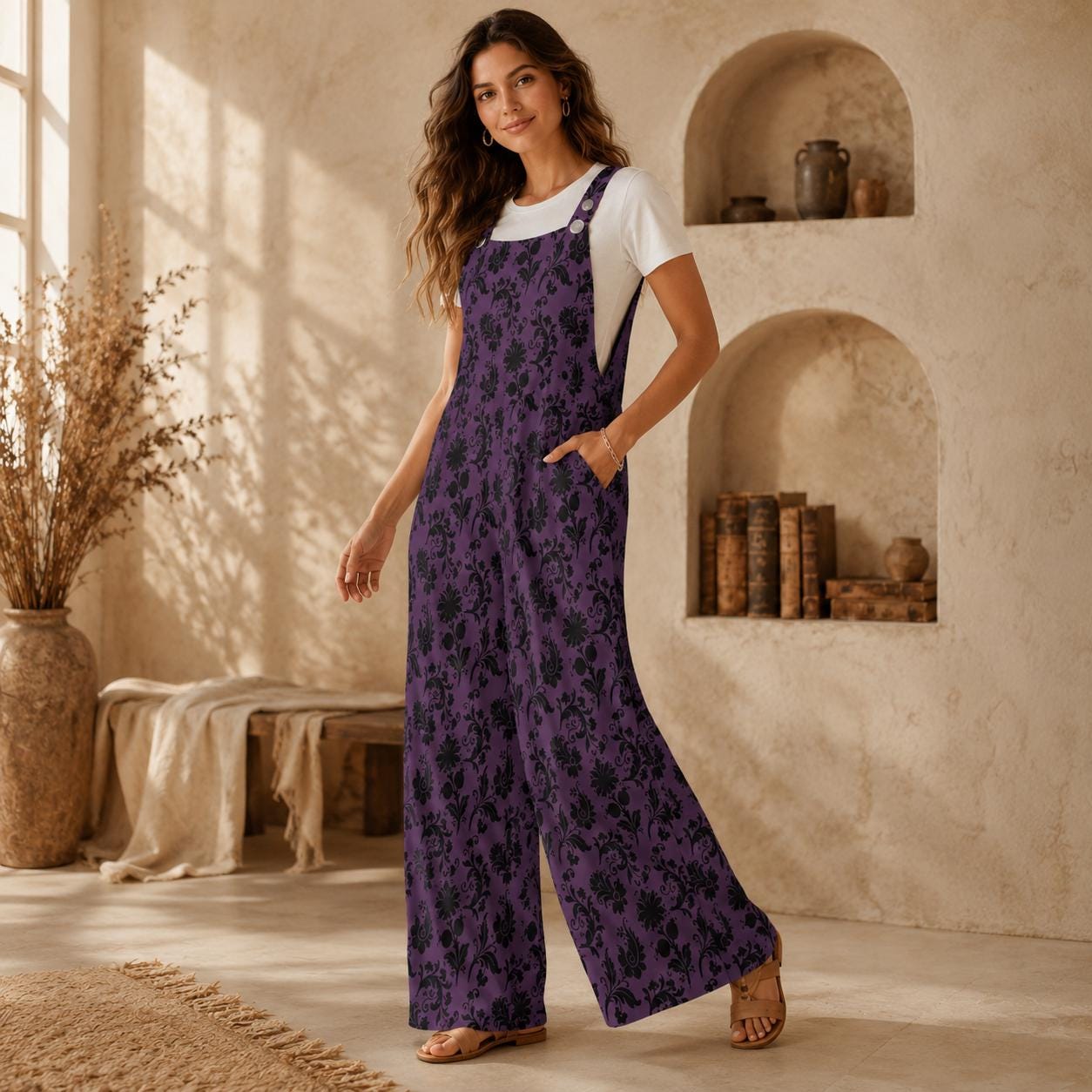 Gothic Floral Overalls for Women, Purple Wide Leg Jumpsuit, Dark Boho Outfit with Pockets