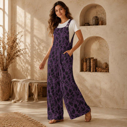 Gothic Floral Overalls for Women, Purple Wide Leg Jumpsuit, Dark Boho Outfit with Pockets