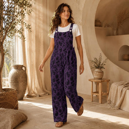 Gothic Floral Overalls for Women, Purple Wide Leg Jumpsuit, Dark Boho Outfit with Pockets