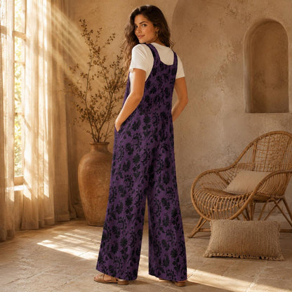 Gothic Floral Overalls for Women, Purple Wide Leg Jumpsuit, Dark Boho Outfit with Pockets