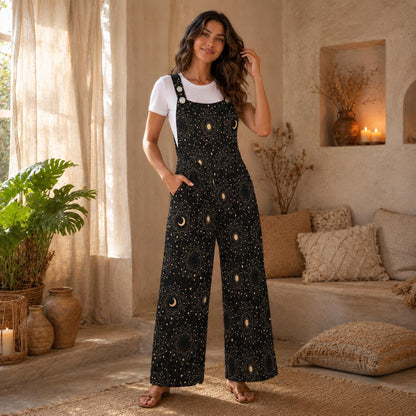 Celestial Moon Sun Wide Leg Jumpsuit, Boho Astrology Print Dungarees, Festival Travel Outfit