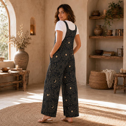 Celestial Moon Sun Wide Leg Jumpsuit, Boho Astrology Print Dungarees, Festival Travel Outfit