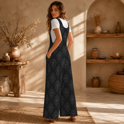 Skull Print Wide Leg Jumpsuit, Gothic Damask Dungarees, Alternative Lounge Outfit