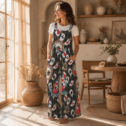 Playing Card Jumpsuit, Whimsical Clock Print Wide Leg Overalls