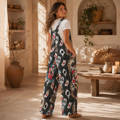 Playing Card Jumpsuit, Whimsical Clock Print Wide Leg Overalls