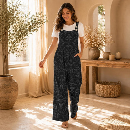 Black Damask Jumpsuit, Gothic Baroque Wide Leg Overalls, Victorian Alternative Wear