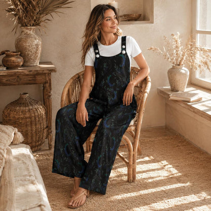 Celestial Moon Print Wide Leg Jumpsuit, Boho Botanical Dungarees Outfit