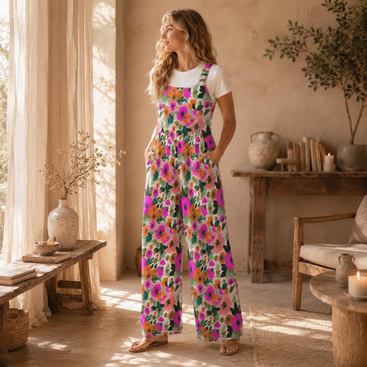 Floral Wide Leg Jumpsuit, Retro Flower Dungarees, Boho Spring Outfit