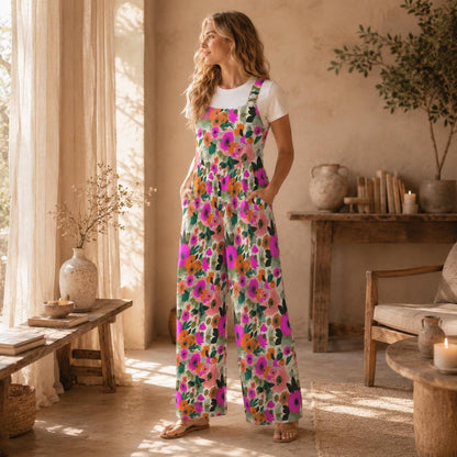 Floral Wide Leg Jumpsuit, Retro Flower Dungarees, Boho Spring Outfit