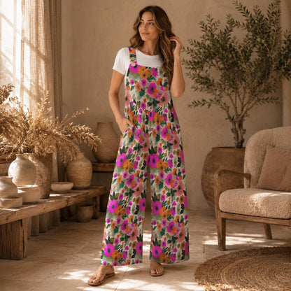 Floral Wide Leg Jumpsuit, Retro Flower Dungarees, Boho Spring Outfit