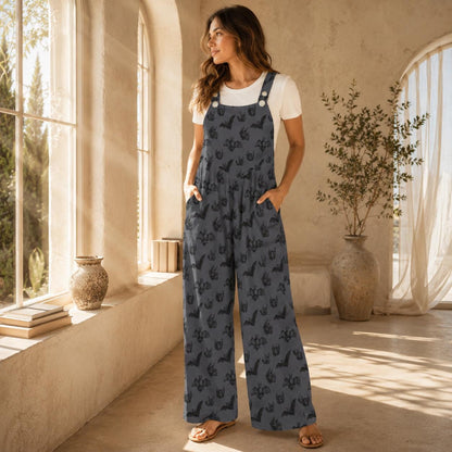 Bat Print Overalls for Women, Halloween Wide Leg Jumpsuit with Pockets, Spooky Casual Outfit