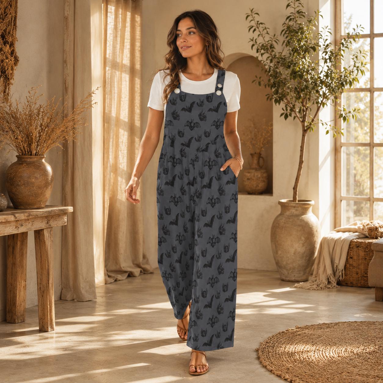 Bat Print Overalls for Women, Halloween Wide Leg Jumpsuit with Pockets, Spooky Casual Outfit