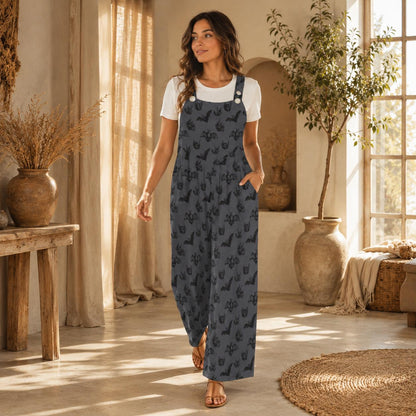 Bat Print Overalls for Women, Halloween Wide Leg Jumpsuit with Pockets, Spooky Casual Outfit