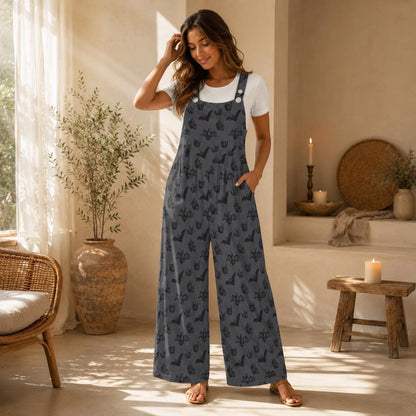 Bat Print Overalls for Women, Halloween Wide Leg Jumpsuit with Pockets, Spooky Casual Outfit