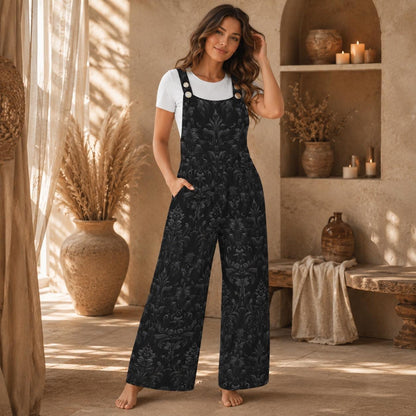 Black Damask Jumpsuit, Gothic Baroque Wide Leg Overalls, Victorian Alternative Wear