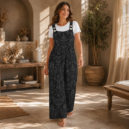 Black Damask Jumpsuit, Gothic Baroque Wide Leg Overalls, Victorian Alternative Wear