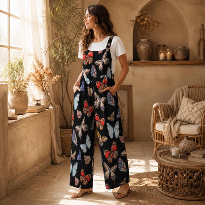 Butterfly Print Wide Leg Jumpsuit, Nature Boho Outfit, Garden Party Vacation Wear