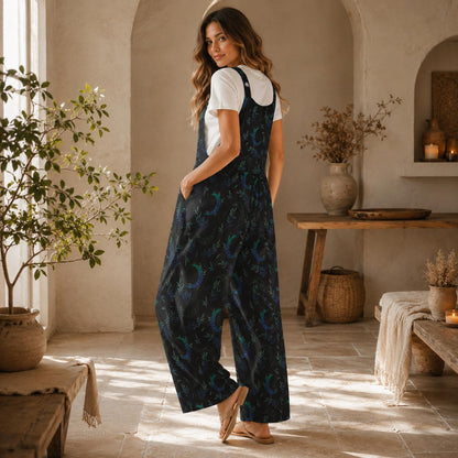 Celestial Moon Print Wide Leg Jumpsuit, Boho Botanical Dungarees Outfit