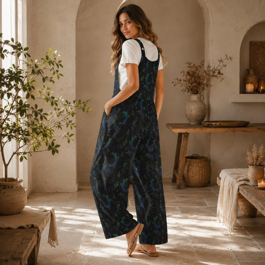 Celestial Moon Print Wide Leg Jumpsuit, Boho Botanical Dungarees Outfit