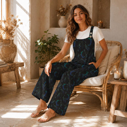 Celestial Moon Print Wide Leg Jumpsuit, Boho Botanical Dungarees Outfit
