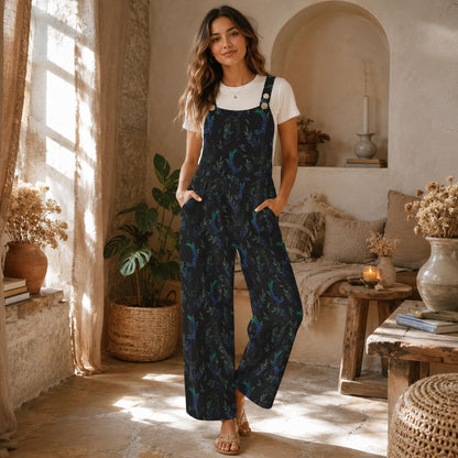 Celestial Moon Print Wide Leg Jumpsuit, Boho Botanical Dungarees Outfit
