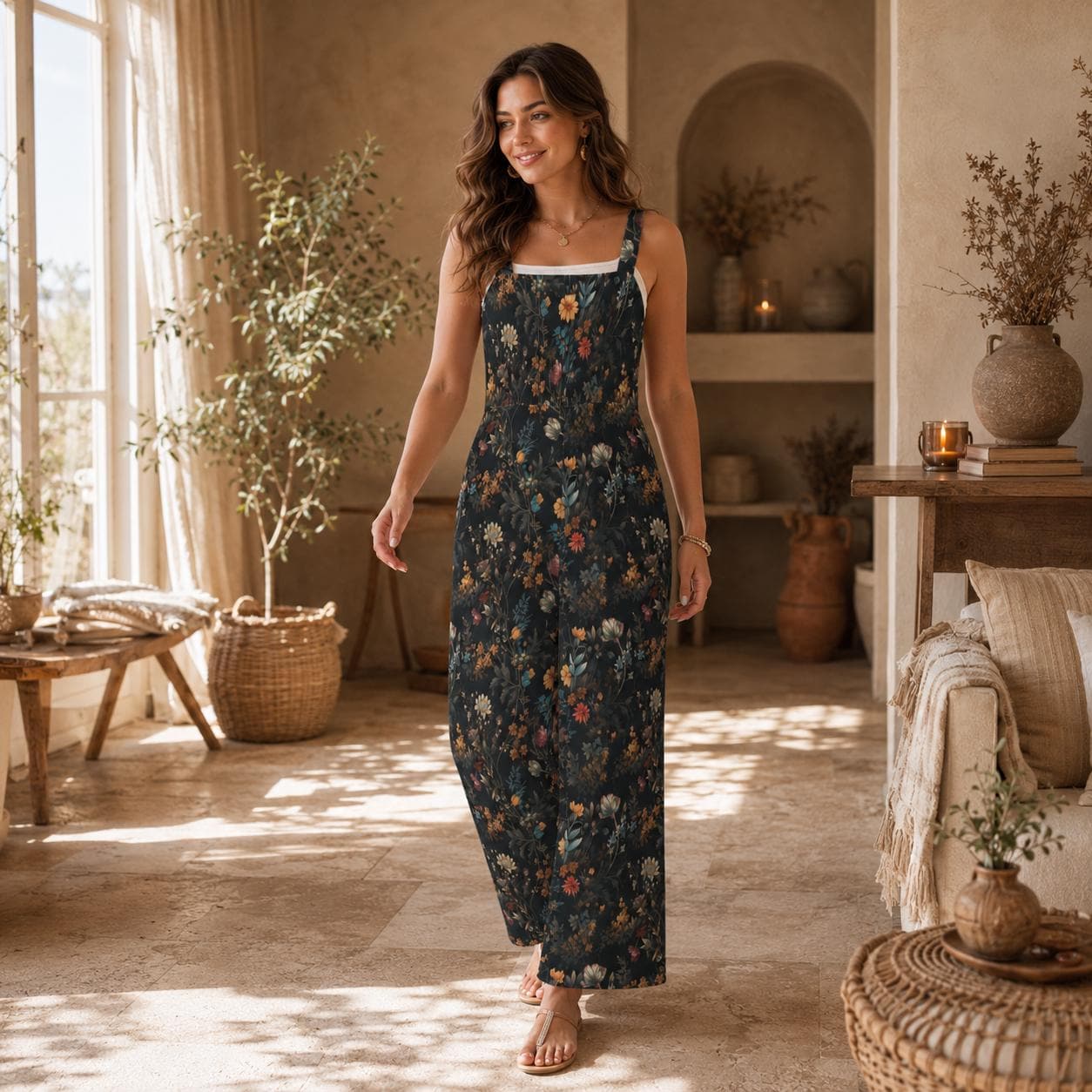 Dark Floral Palazzo Jumpsuit, Moody Botanical Wide Leg Outfit