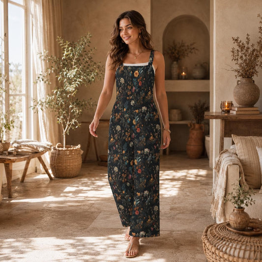Dark Floral Palazzo Jumpsuit, Moody Botanical Wide Leg Outfit