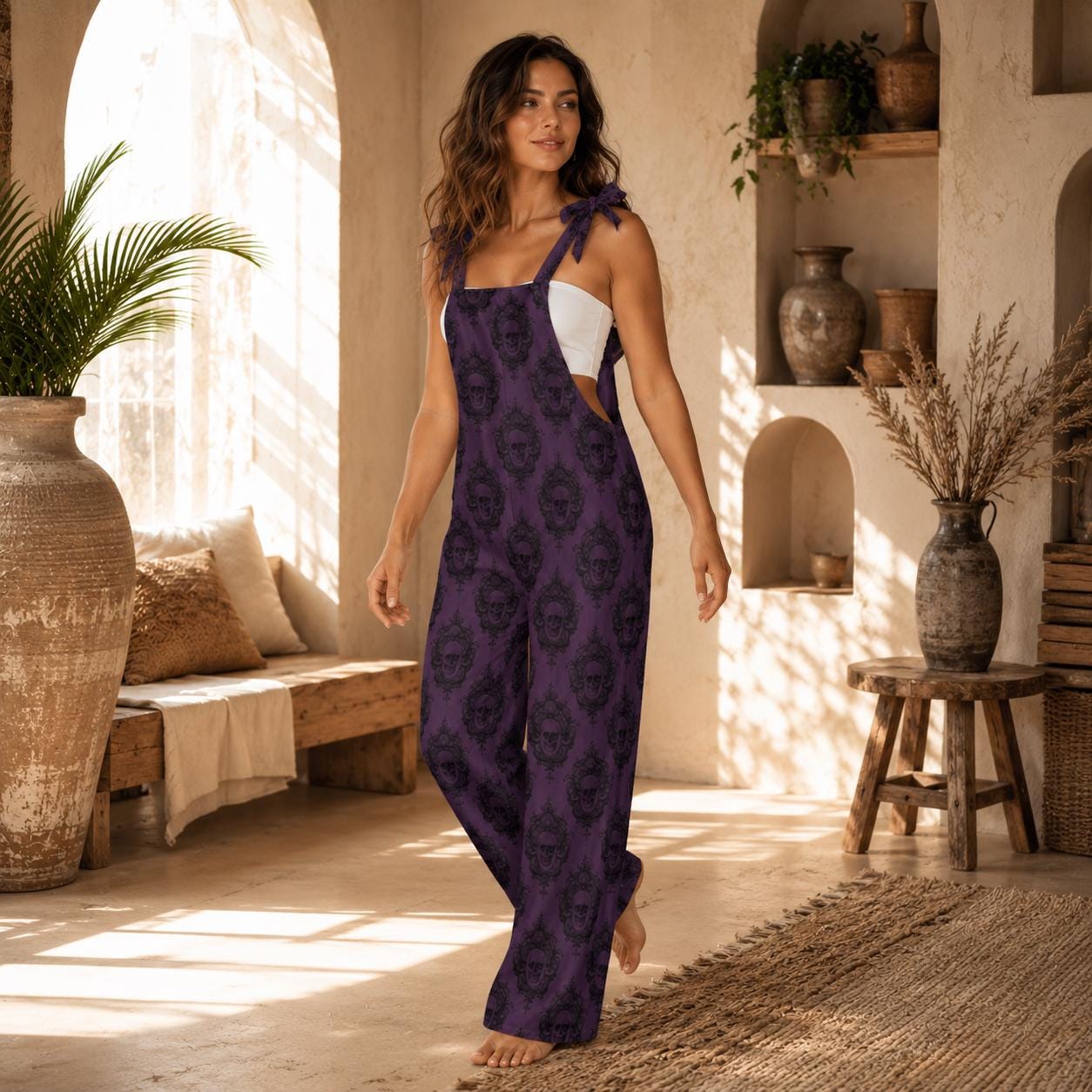 Purple skull jumpsuit, gothic wide-leg overalls, witchy festival romper, occult streetwear, casual alternative dungarees