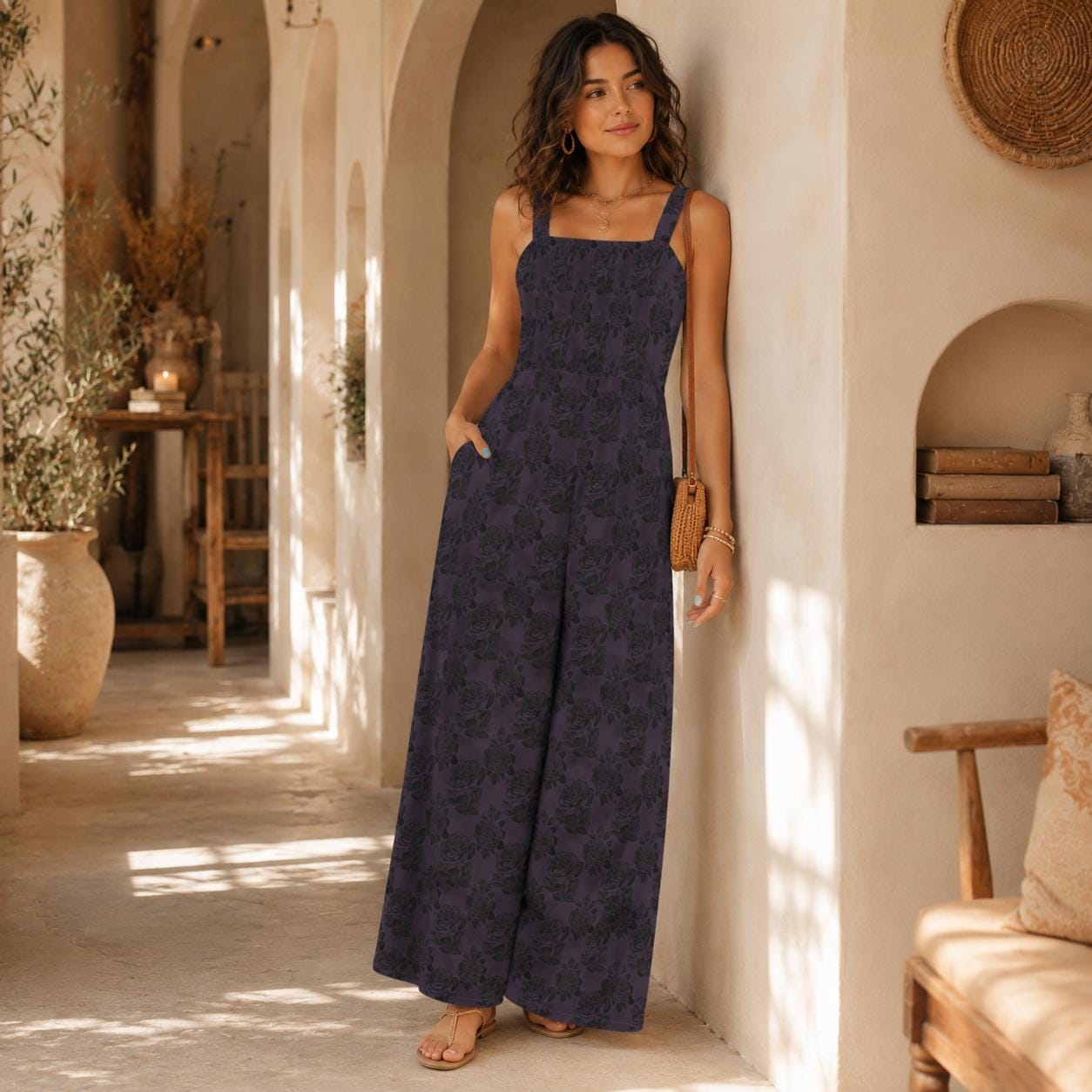 Dark Floral Wide Leg Jumpsuit with Pockets, Boho Sleeveless Romper, Moody Rose Outfit