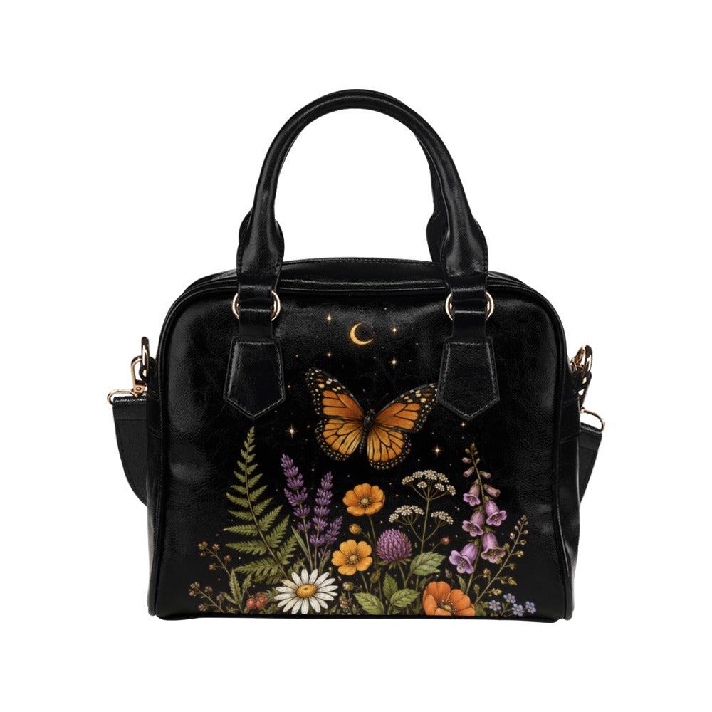 Butterfly Purse Black, Monarch Wildflower Handbag with Moon and Stars, Dark Floral Crossbody Bag