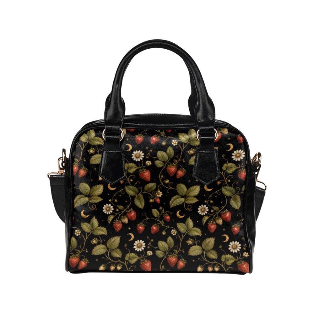Strawberry Daisy Vine Satchel Handbag, Cottagecore Black Crossbody Bag