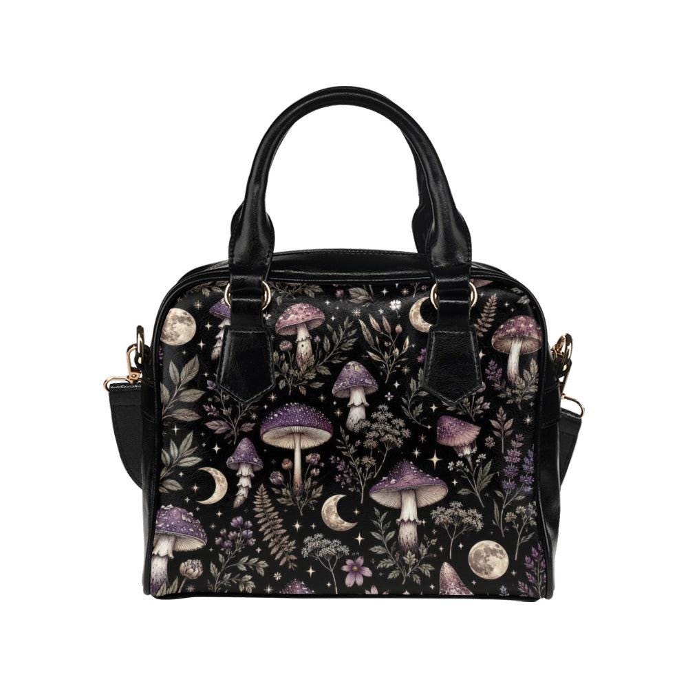 Mushroom Moon Forest Print Handbag, Black Fairycore Crossbody Satchel