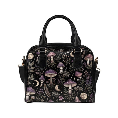 Mushroom Moon Forest Print Handbag, Black Fairycore Crossbody Satchel