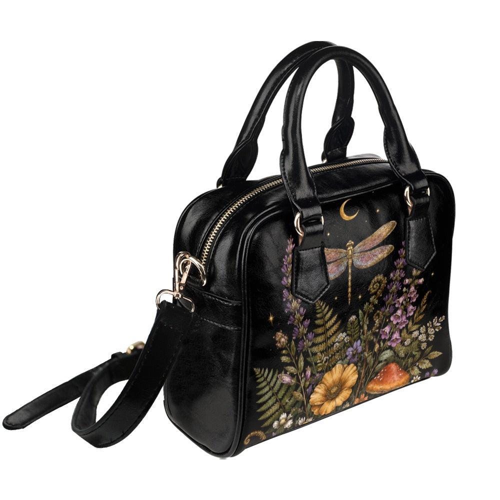Dragonfly Moon Faux Leather Handbag, Dark Botanical Print Shoulder Bag