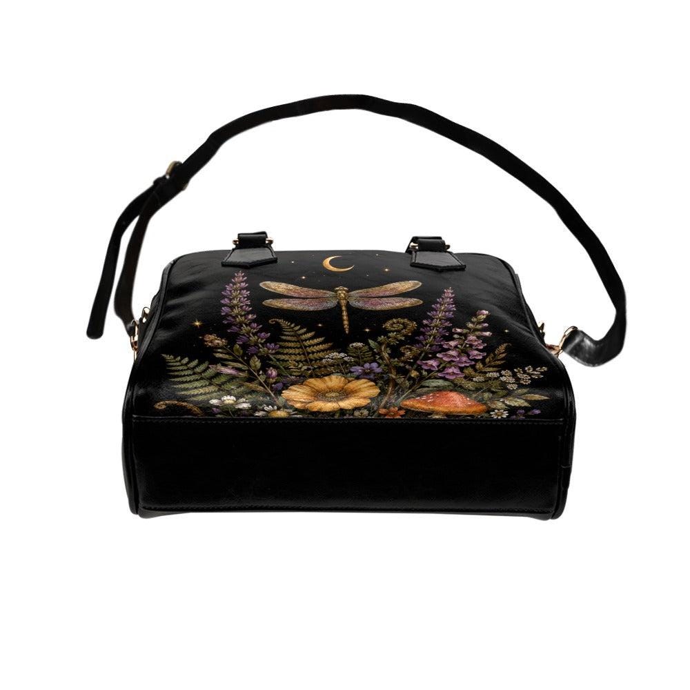 Dragonfly Moon Faux Leather Handbag, Dark Botanical Print Shoulder Bag