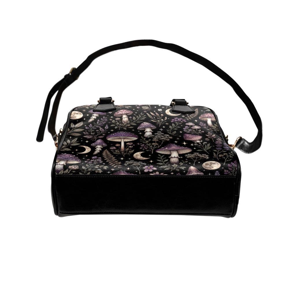 Mushroom Moon Forest Print Handbag, Black Fairycore Crossbody Satchel