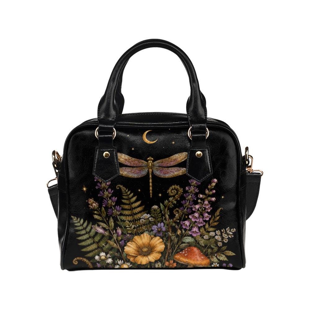 Dragonfly Moon Faux Leather Handbag, Dark Botanical Print Shoulder Bag