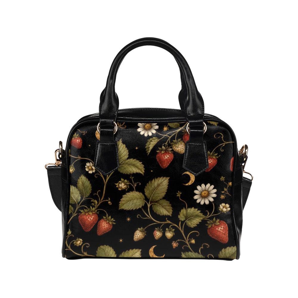 Black Strawberry Vines Daisy Moon Handbag, Cottagecore Botanical Satchel Purse