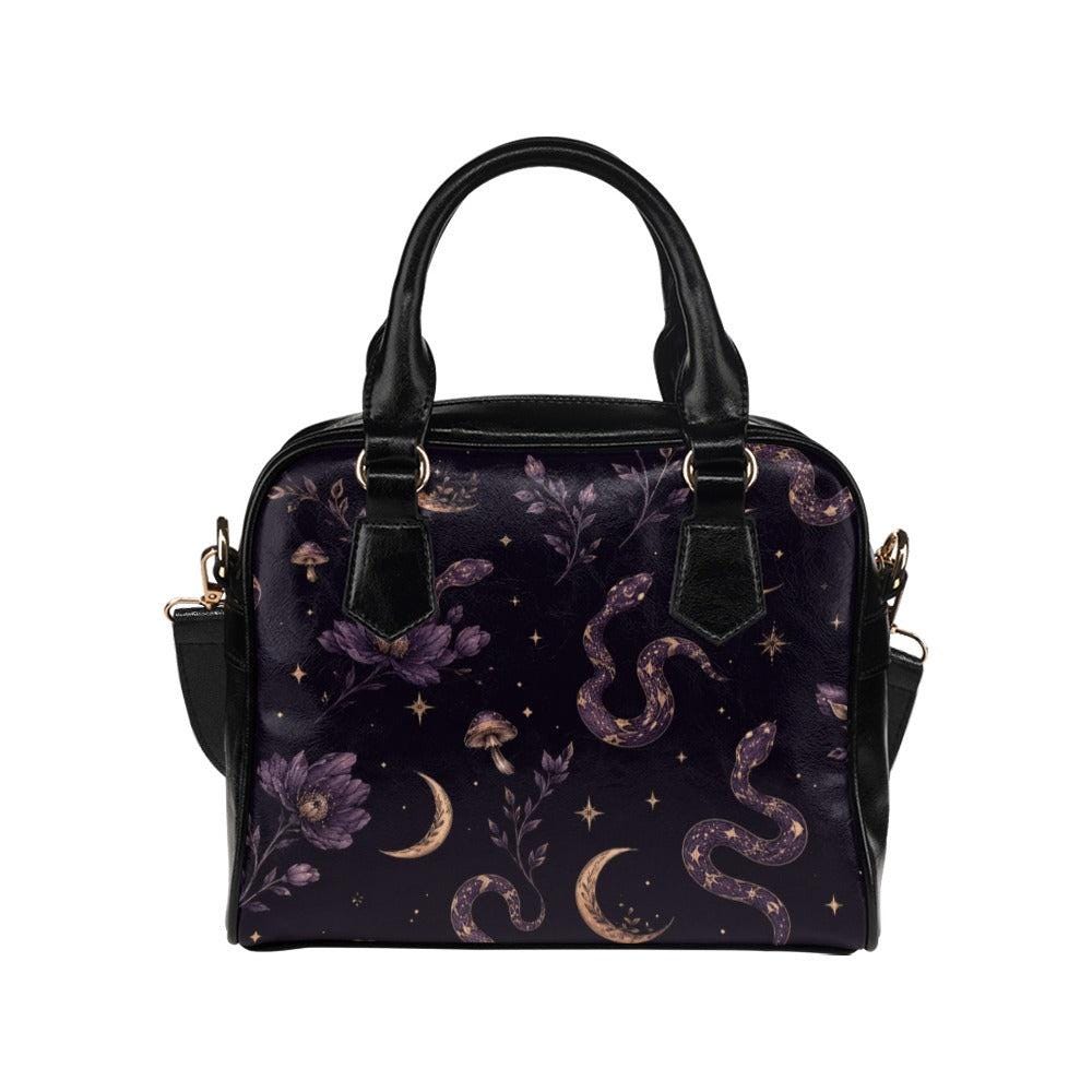 Celestial Snake Handbag, Witchy Moon Zip Top Purse, Purple Floral Serpent Print Satchel