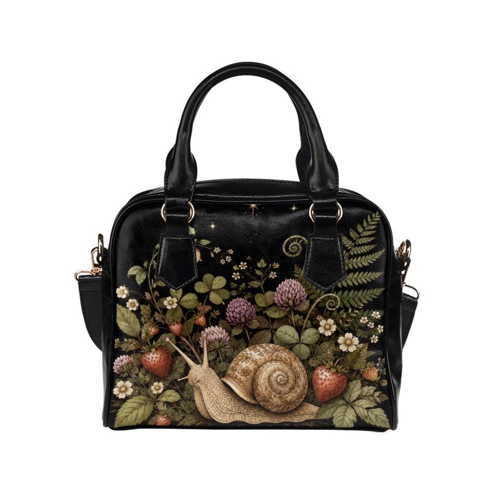 Snail Print Handbag, Dark Botanical Satchel Purse, Strawberry Flowers, Woodland Cottagecore Bag