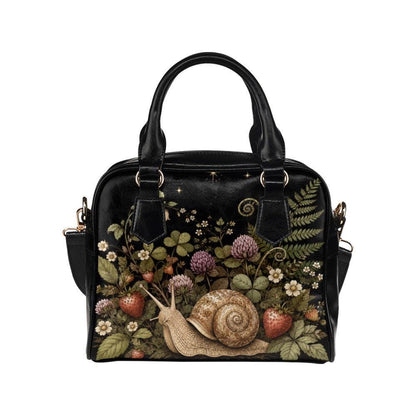 Snail Print Handbag, Dark Botanical Satchel Purse, Strawberry Flowers, Woodland Cottagecore Bag