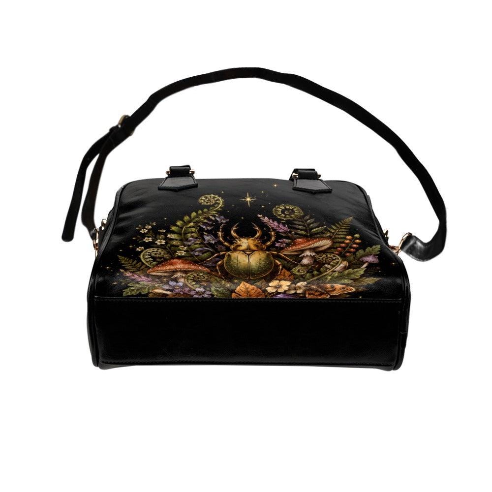 Beetle Mushroom Handbag, Dark Forest Botanical Shoulder Bag, Vegan Leather Crossbody Purse