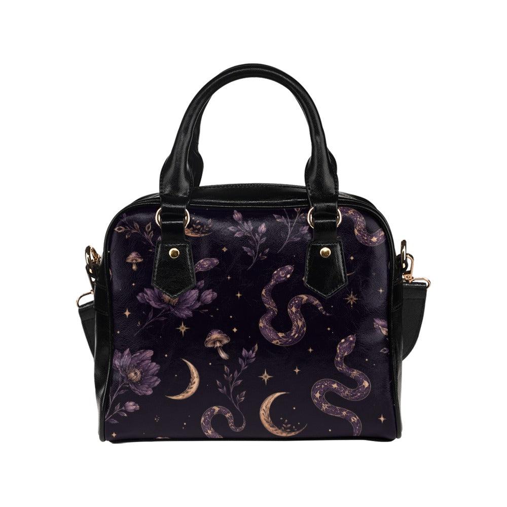 Celestial Snake Handbag, Witchy Moon Zip Top Purse, Purple Floral Serpent Print Satchel