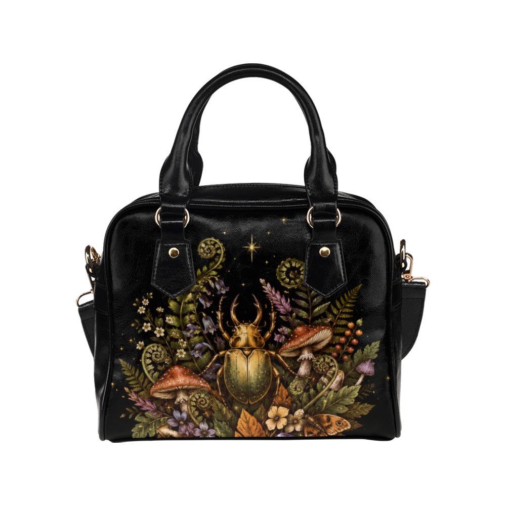 Beetle Mushroom Handbag, Dark Forest Botanical Shoulder Bag, Vegan Leather Crossbody Purse