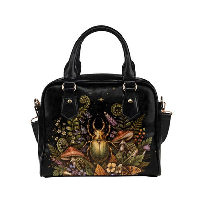 Beetle Mushroom Handbag, Dark Forest Botanical Shoulder Bag, Vegan Leather Crossbody Purse