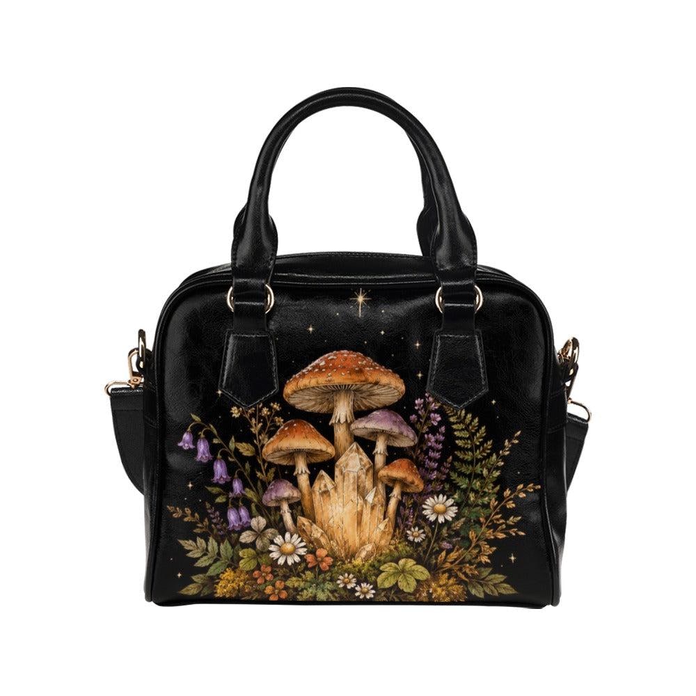 Fairycore Mushroom Crystal Handbag, Woodland Wildflower Faux Leather Shoulder Bag