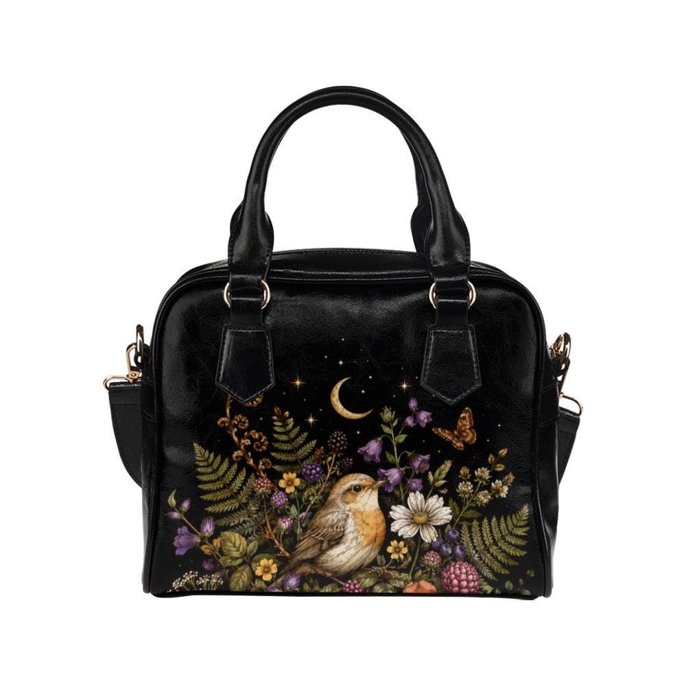 Bird Floral Handbag, Robin Moon Stars Dark Cottagecore Shoulder Bag